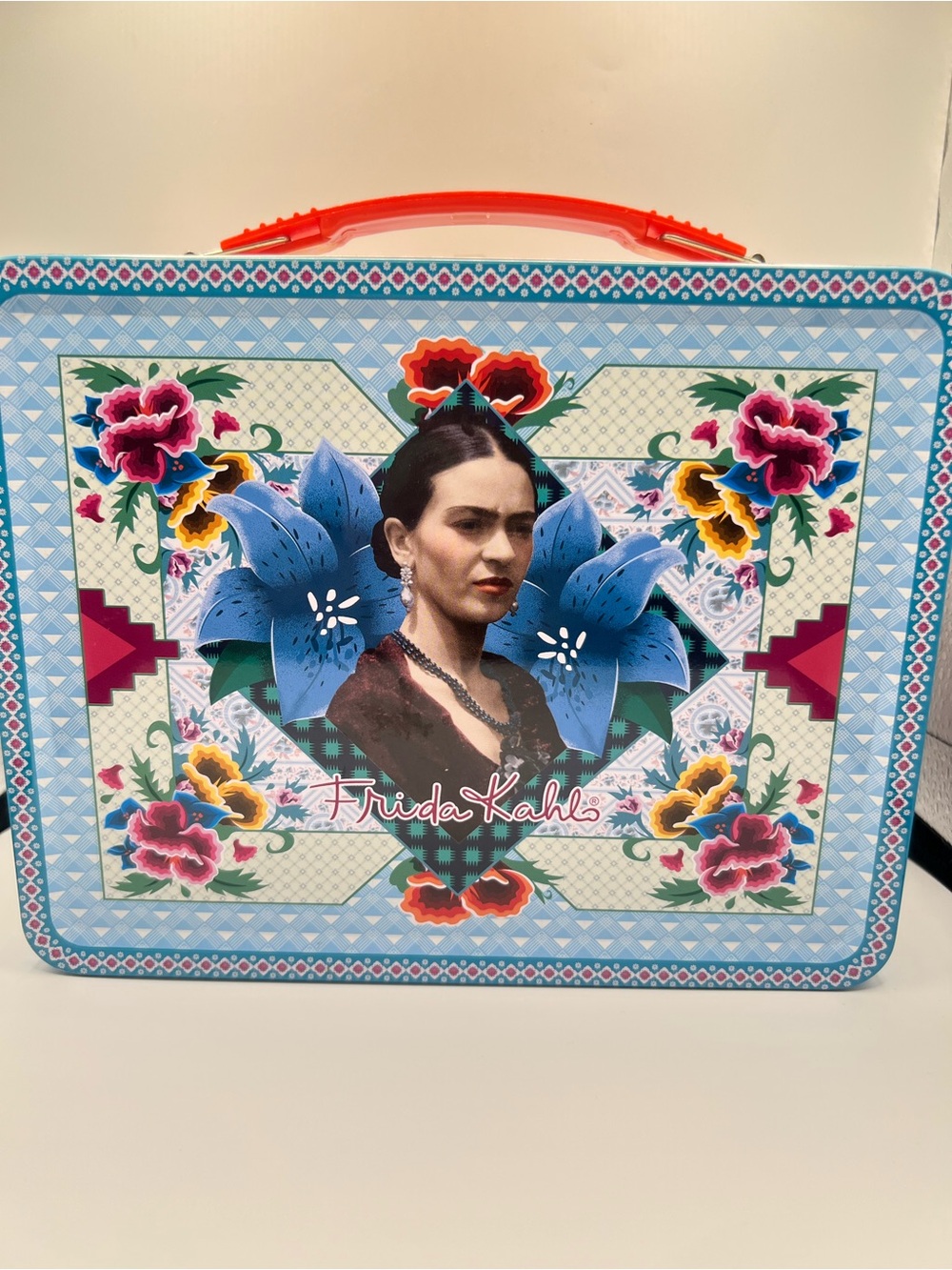 Frida Kahlo Blue Floral Tin Carry Case with Orange Handle